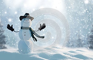 Merry christmas and happy new year greeting card with copy-space.Happy snowman standing in winter christmas landscape.Snow