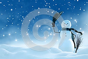 Merry christmas and happy new year greeting card with copy-space.Happy snowman standing in winter christmas landscape.Snow