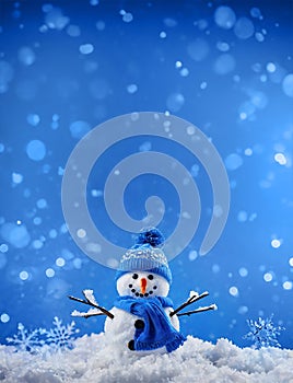 Merry christmas and happy new year greeting card with copy-space. Happy snowman in winter christmas
