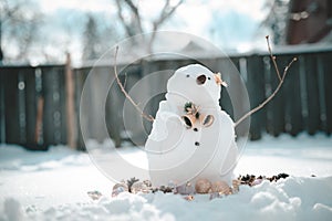 Merry Christmas and happy New Year greeting card with copy-space.Many snowmen standing in winter Christmas landscape.