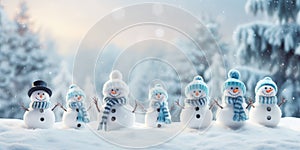 Merry Christmas and happy New Year greeting card with copy-space. Many snowmen standing in winter Christmas landscape