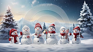 Merry Christmas and happy New Year greeting card with copy-space.Many snowmen standing in winter Christmas landscape