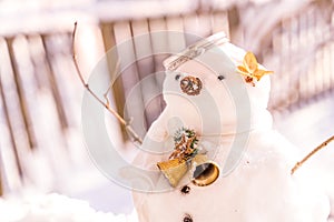 Merry Christmas and happy New Year greeting card with copy-space.Many snowmen standing in winter Christmas landscape.Winter backgr