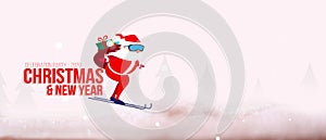 Merry Christmas! Happy New Year greeting card with copy-space. Santa Claus in Winter background