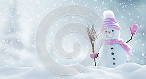 Merry christmas and happy new year greeting card with copy-space.Happy snowman standing in landscape.Snow background.Winter