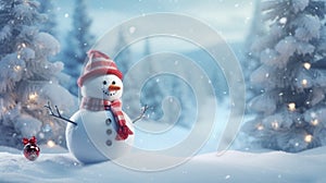 Happy snowman standing in winter christmas landscape Snow