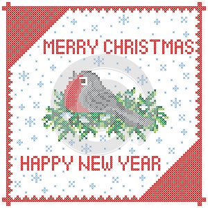 Merry Christmas and Happy New Year greeting card. Cross stitch embroidery, vector illustration.