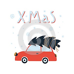 Merry Christmas and Happy New Year greeting card with cute car, christmas tree and lettering.