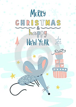 Merry Christmas and happy New year greeting card with cute mouse or rat.Concept, vector vertical editable template. The