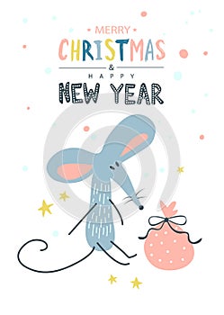 Merry Christmas and happy New year greeting card with cute mouse or rat.Concept, vector vertical editable template. The