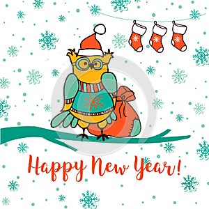 Merry Christmas and Happy New Year. Greeting card with cute owl in Santa hat