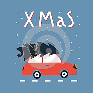 Merry Christmas and Happy New Year greeting card with cute red car and christmas tree.