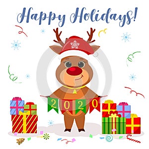 Merry Christmas and Happy New Year Greeting Card. Cute reindeer in a Santa hat holds flags 2020 against the background of