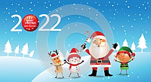 Merry Christmas and happy new year 2022 greeting card with cute Santa Claus, little elf, snowman and deer. Holiday cartoon
