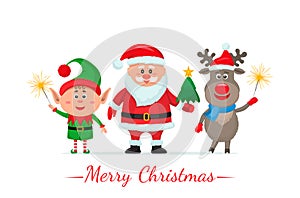 Merry Christmas and Happy New Year greeting card with cute Santa Claus, reindeer and elf