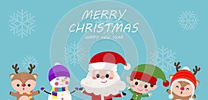 Merry Christmas and happy new year greeting card with cute Santa Claus, snowman, little elf and deer. Holiday cartoon character