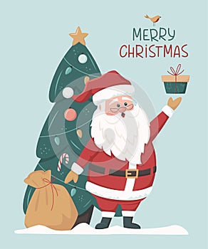 Merry Christmas and Happy New Year greeting card with cute Santa Claus, Xmas tree and bag of gifts box. Santa Claus brought gifts