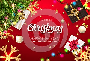 Merry Christmas and Happy New Year Greeting Card with Decorations, Gift, Fir Tree Branch, Gold Classic Snowflake, Light