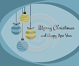 Merry Christmas happy new year greeting card design with four hanging christmas ball baubles in simple flat retro style