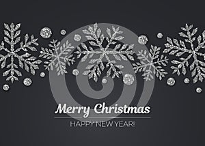 Vector Merry Christmas Happy New Year greeting card design with silver snowflake decoration for holiday season.