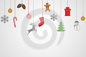 Merry Christmas and Happy New Year greeting card design template layout on white background with hanging toy, sock, gift, feer,