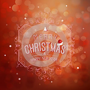 Merry Christmas and Happy New Year greeting card festive inscription with ornamental elements on bokeh vintage background, vector