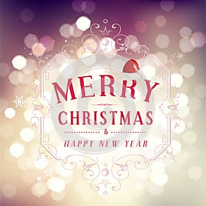 Merry Christmas and Happy New Year greeting card festive inscription with ornamental elements on bokeh vintage background, vector