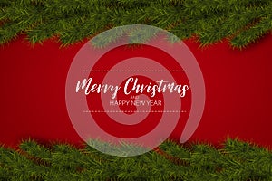 Merry Christmas and Happy New Year greeting card. Fir tree branch decoration on red background and typography text.