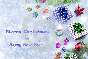 Merry Christmas and Happy New Year greeting card with fir tree and decorations