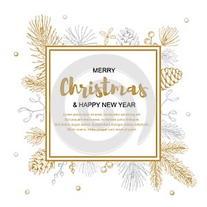 Merry Christmas and happy New Year greeting card with floral elements. Hand drawn vector illustration