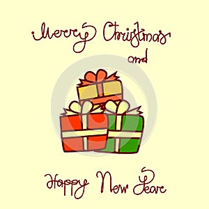 Merry Christmas And Happy New Year Greeting Card With Gift Boxes Hand Drawn Lettering Background