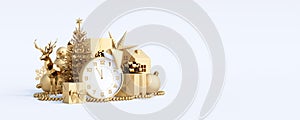 Merry Christmas and Happy New Year greeting card. Golden decoration on white background with copy space 3d render