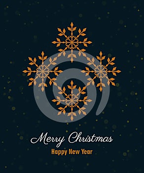 Merry Christmas Happy New Year greeting card with golden snowflakes and text on dark blue isolated background