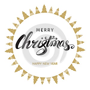 Merry Christmas and Happy New Year greeting card with hand let