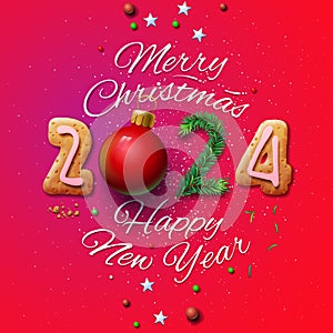 Merry Christmas and Happy New Year 2024 greeting card, hand written, vector illustration photo