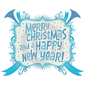 Merry Christmas and Happy New Year Greeting card with Handlettering Typography.