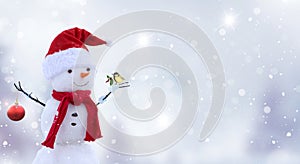 Merry christmas and happy new year greeting card .Happy snowman standing in winter landscape.