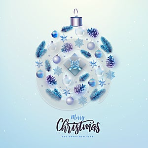 Merry Christmas and Happy New Year greeting card. Christmas holiday background with fir tree, snowflakes, glass balls, gift box