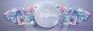 Merry Christmas and Happy New Year greeting card. Christmas holiday background with fir tree, snowflakes, glass balls, gift boxes