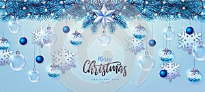 Merry Christmas and Happy New Year greeting card. Christmas holiday background with fir tree, snowflakes, glass balls and star