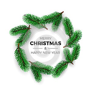Merry Christmas and happy New Year greeting card. Holiday decoration element. New Year poster with fir branches. Vector
