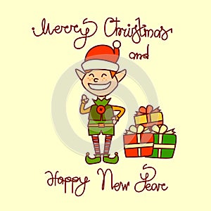 Merry Christmas And Happy New Year Greeting Card With Holiday Elf Boy Hand Drawn Lettering Background