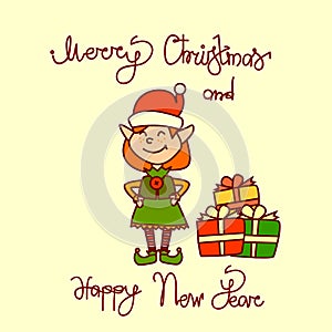 Merry Christmas And Happy New Year Greeting Card With Holiday Elf Girl Hand Drawn Lettering Background