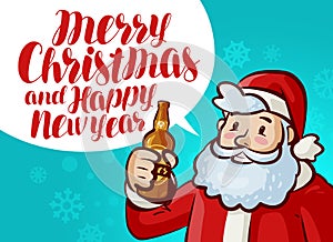 Merry Christmas and Happy New Year, greeting card. Holiday, xmas party banner. Lettering vector illustration