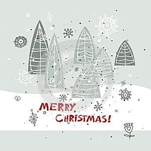 Merry Christmas and Happy New Year greeting card. Holidays illustration. Winter abstract stylized trees.