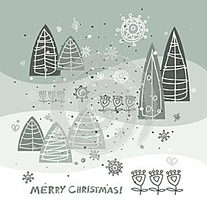 Merry Christmas and Happy New Year greeting card. Holidays illustration. Winter abstract stylized trees.