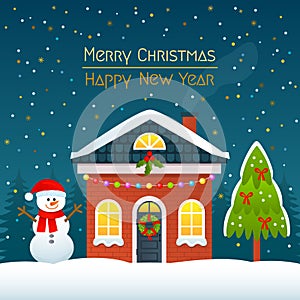 Merry Christmas and Happy New Year greeting card. House with garlands, snowman and Christmas tree