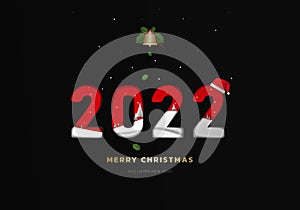 Merry Christmas Happy new year greeting card illustration. 2022 papercut number with winter forest landscape. vector paper cut