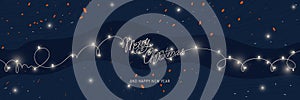 Merry Christmas and Happy New Year greeting card. Magic lanterns on the background of the starry sky
