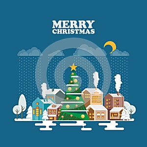 Merry Christmas and a Happy New Year greeting card in modern flat design. Snowy landscape on blue background